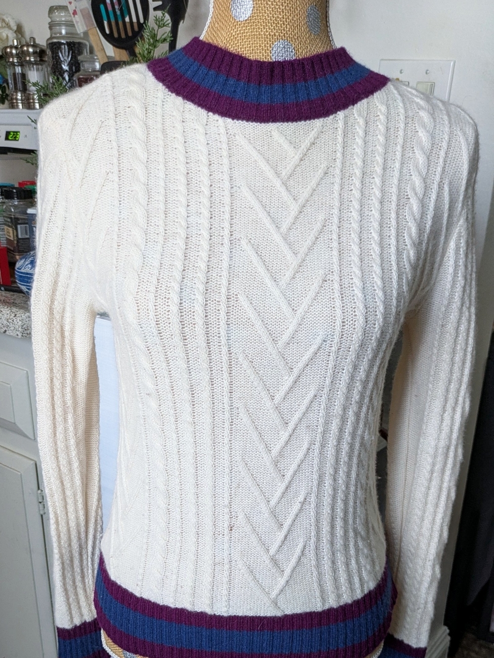 Central Park West Cream Cable-Knit Sweater with Purple & Blue Trim